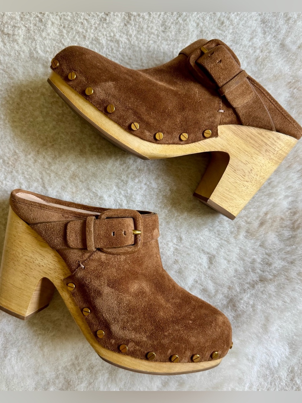 Veronica Beard Tan Suede Platform Clogs 4.5” Heel Wood Studded Mule- 8.5